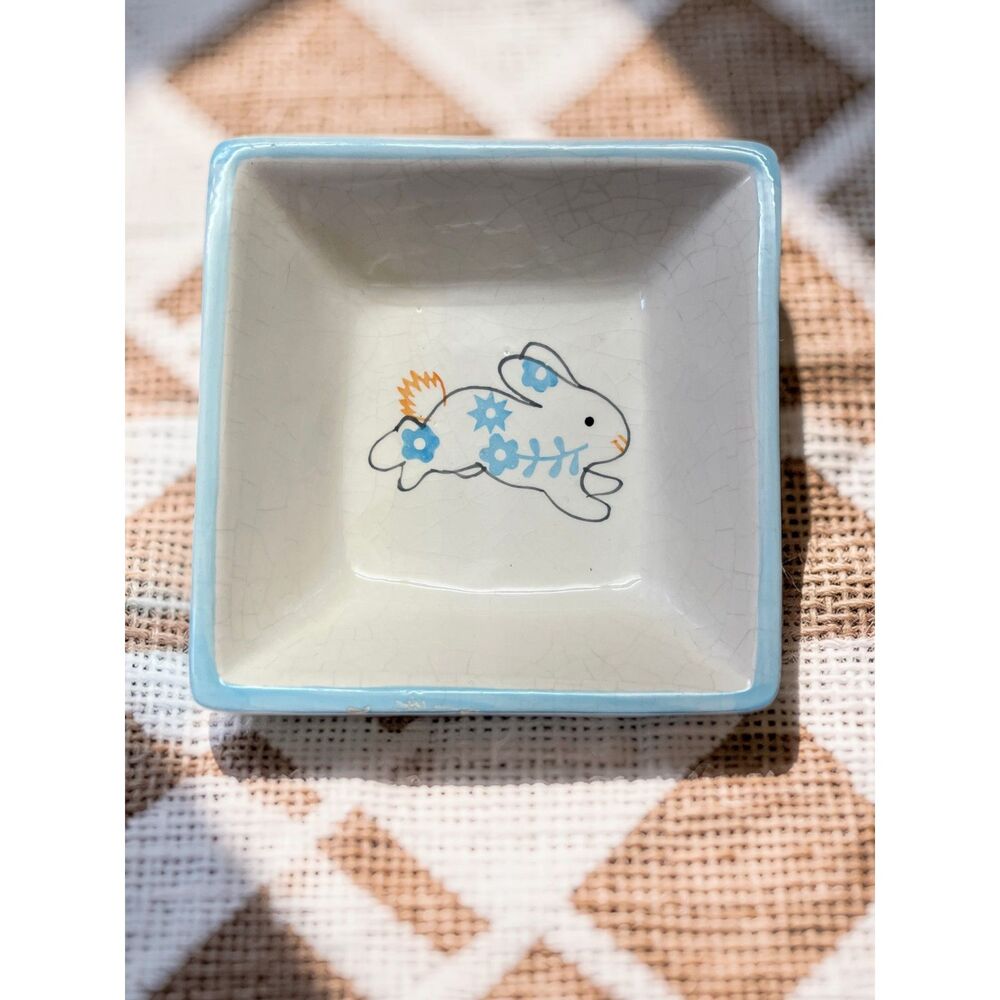Studio 33 Bunny Rabbit 5" Trinket Dish Square Ceramic Crackle Glaze Vintage